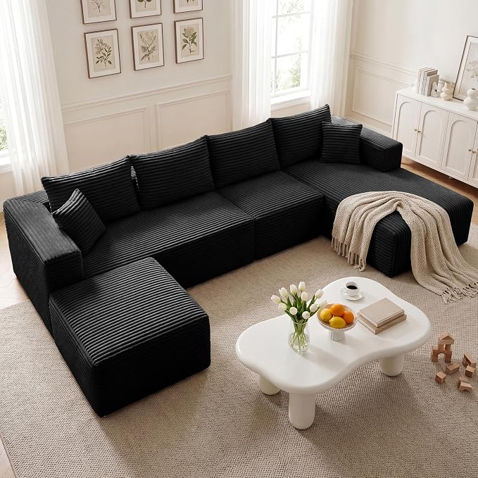 27.56'' Plush Fluffy Corduroy Poofy Ottoman in a Box for Boneless Sofa Couch, Modern Compressed Foot Rest, Small Comfy Rectangle Boneless Pouf Footstool Ottoman for Living Room, Bedroom, Black
