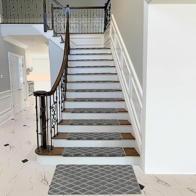 PURE ERA Bullnose Carpet Stair Treads Set Tape Free Non-Slip Indoor Stair Protectors Pet Friendly Rugs 9.5" x 30"(14 Pieces,Grey Diamond Trellis)
