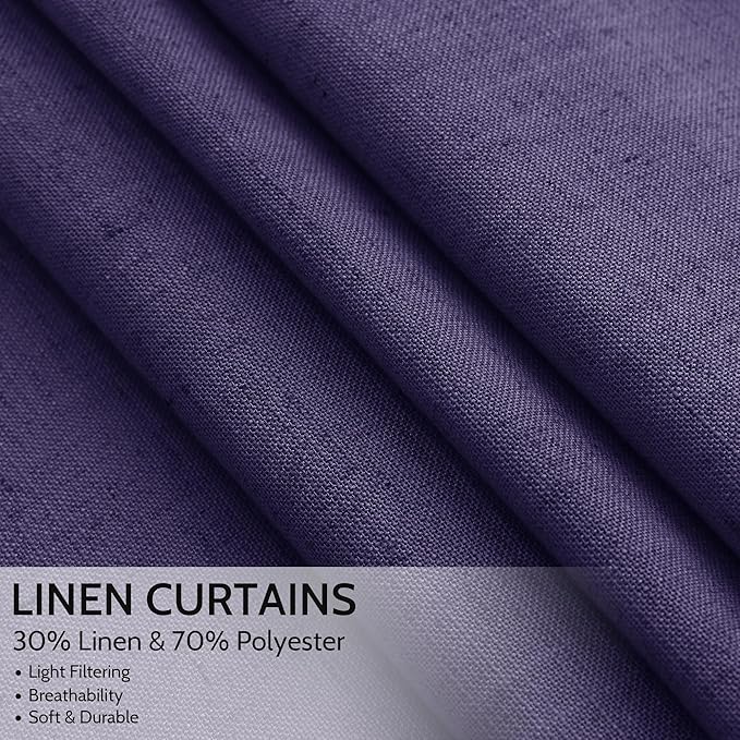 Purple Linen Curtains 72 Inch Long for Living Room Bedroom Lightweight Door Drapes 2 Panels Set, Semi Sheer Light Filtering Back Tab or Rod Pocket Curtain,52x72