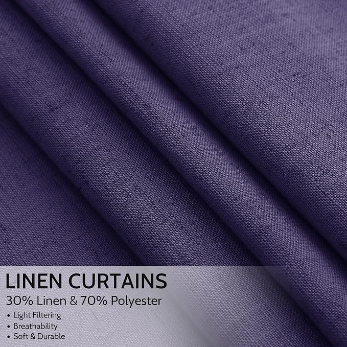Nanspring Purple Linen Blend Light Filtering Back Tab Curtains 108 Inches Long, Semi Sheer Privacy Drapes for Living Room & Bedroom, 52x108 inch, 2 Panels