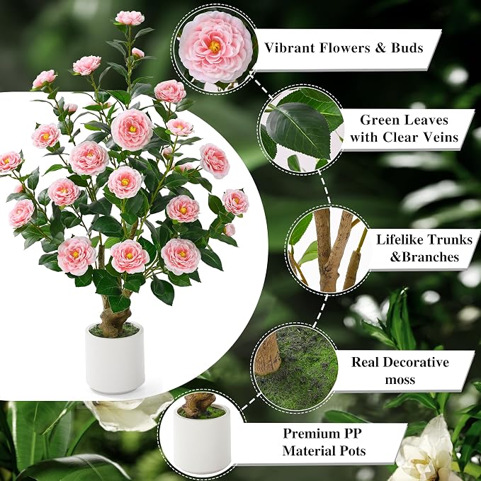 2 Pack 38" Artificial Camellia Tree, Artificial Plants Outdoor Faux Plants in Pot, Artificial Flower for Outdoors Front Porch Decor, Fake Tree Plant Faux Flowers for Indoor Outdoor Home Decor, Pink