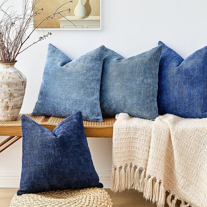 Pack of 4 Throw Pillow Covers 18x18 Inch Chenille Textured Neutral Blue Soft Pillow Covers Solid Decorative Farmhouse Cushion Covers Home Boho Decor for Couch Sofa Bed Living Room