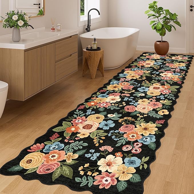 DUKINO 3x10 Washable Runner Rug, Non Slip Floral Ultra Soft Runner for Hallway, Lightweight Low Pile & Stain Resistant Long Throw Carpet for Kitchen, Bathroom, Entrance, Bedroom, Kids Room, Black
