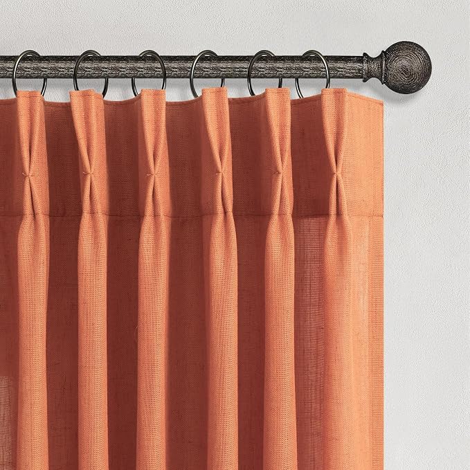 Burnt Orange Pinch Pleated Linen Curtains 108 Inches long for Living Room 2 Panels Pleat Drapes Back Tab Semi Sheer Autumn Cozy Boho Antique Curtains for Bedroom Window 9 FT Ceiling to Floor Length