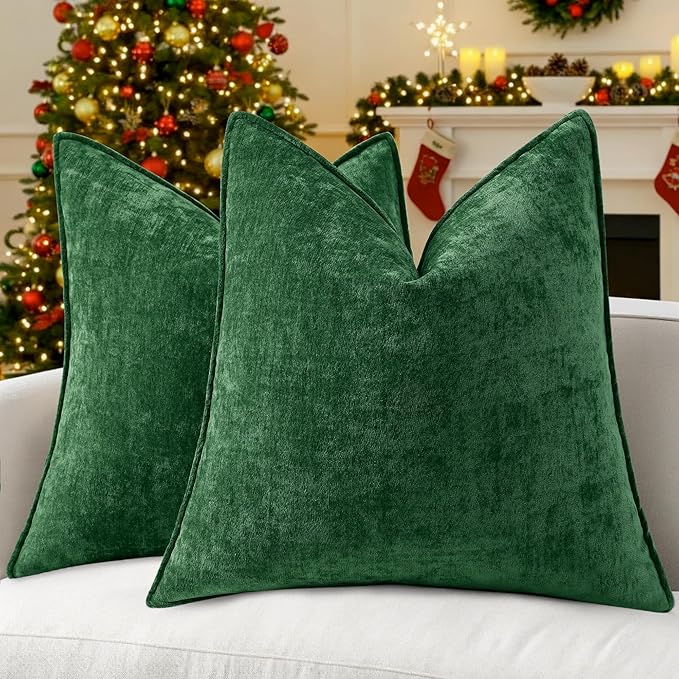 decorUhome Summer Couch Throw Pillow Covers 18x18 Set of 2, Decorative Soft Velvet Modern Cozy Chenille Pillow Cases with Elegant Design for Sofa Bed Living Room Home Decor, Green