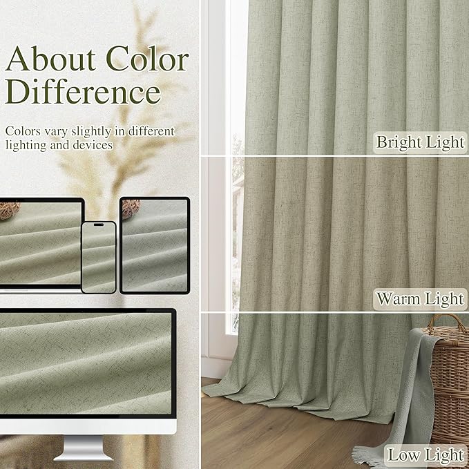 Sage Green 100% Blackout Linen Curtains 100 Inch Length 2 Panels Set for Living Room Bedroom Back Tab Thermal Insulated Black Out Drapes Room Darkening Farmhouse Style for Bedroom Window Curtains