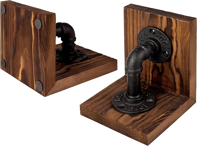 MyGift Book Ends, Decorative Bookends, Heavy Duty Book Holders for Shelves, Rustic Wood with Realistic Industrial Pipe Design,Unique Ideas for Father's Day, Christmas