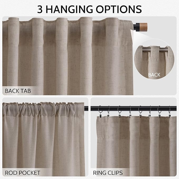 Ecru Linen Curtains 132 Inch Length for Living Room Light Filtering Semi Sheer Curtain Back Tab Rustic Farmhouse Decor Burlap Elegant Drapes Floor to Ceiling High Window for Bedroom 52x132, 2 Panels