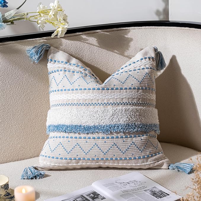 BlissBlush Decorative Throw Pillow Covers 18X18 Combo Set of 2 Square Coastal Blue Boho Accent Pillowcase Tassels Farmhouse Cushion for Couch Sofa Bedroom Living Room Home Décor Cover ONLY
