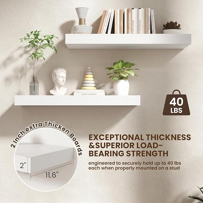 FLYJOE 32 Inch Floating Shelves, 12 Inch Deep Floating Shelves Set of 2, 32''W x 12''D White Wood Shelves for Wall, Bathroom Available, Engineered Wood, Mounting Hardware Included