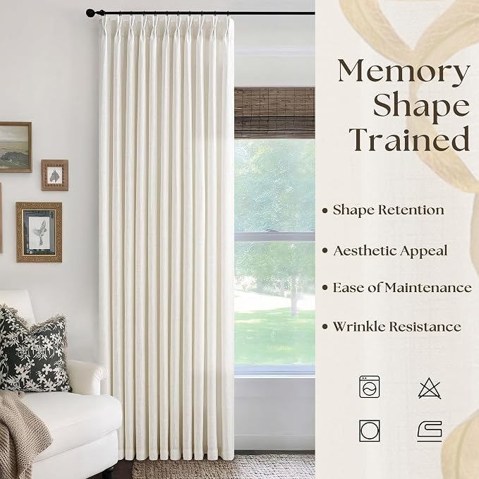 Extra Wide Linen Curtains 90 Inches Long 70 Inch Wide for Living Room Bedroom Light Filtering Cream Natural Pinch Pleated Curtains Neutral Boho Hooks Rings Back Tab Sliding Glass Door 1 Panel 70Wx90L