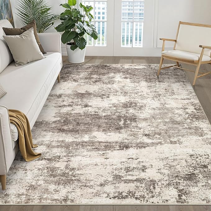 6x9 Area Rugs Living Room: Washable Large Neutral Rug Abstract Soft Modern Stain Resistant Indoor Floor Non-Slip Carpet for Bedroom Nursery Kids Office Playroom Dining Room Under Table- Mocha Brown