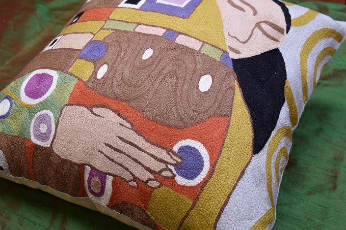 Klimt Embrace Modern Pillow Cover Art Nouveau Pillowcase Chair Cushion Contemporary Pillowsham Modern Outdoor Pillows Mid Century Chair Cushions Hand Embroidered Wool Size 18x18
