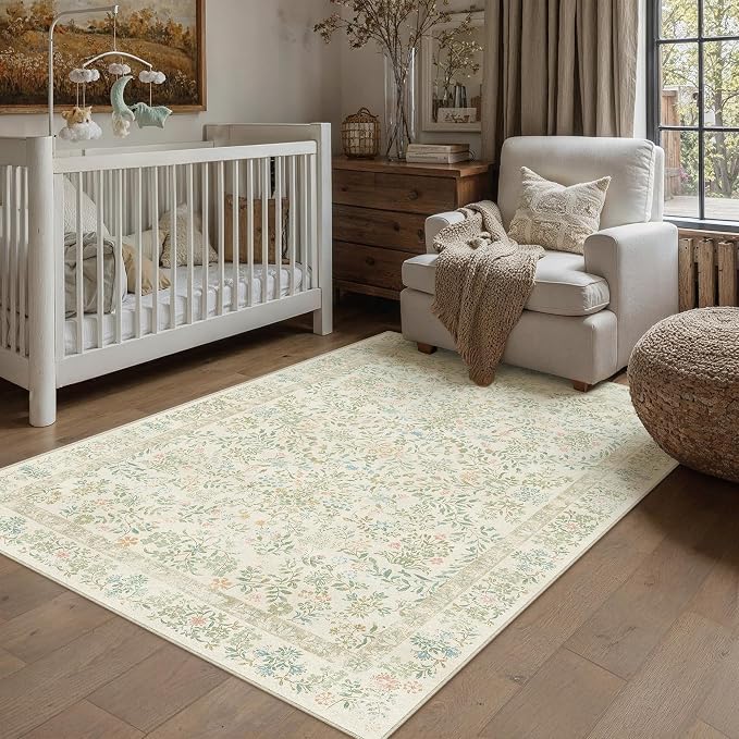 PureCozy 3x5 Light Green Area Rug for Entryway Washable Vintage Floral Carpet Low Pile Non Slip Botanical Aesthetic Soft Accent Throw Rug Entrance Kitchen Bedroom Nursery Office Indoor