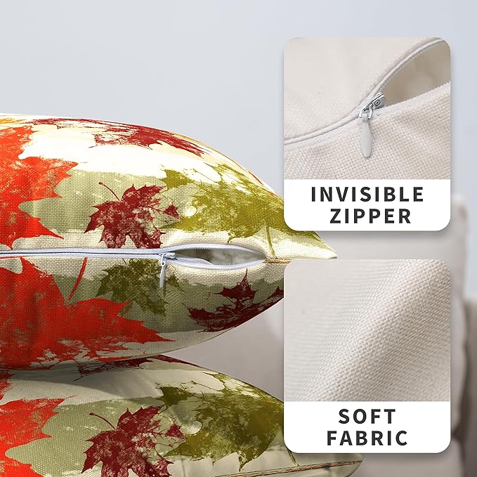 2 Pack of Thanksgiving Maple Leaves Pillow Covers 20x20 Fall Outdoor Throw Pillow Covers Green Beige White Stripes Pillow Case Autumn Cotton Linen Pillow Covers for Couch Patio Home Decor