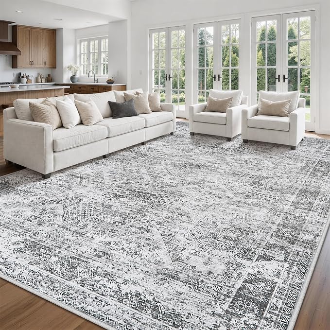 10x14 Area Rugs for Living Room Rug Washable: Abstract Large Rug Indoor Modern Carpet Non Slip for Dining Room Bedroom Nursery Home Office Grey