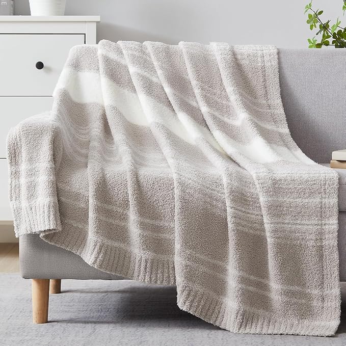 WRENSONGE Soft Throw Blanket for Couch-Cozy Reversible Knitted Blankets | Lightweight Warm Fluffy Decor for Women, Mom, Her & Girls, Sofa, Chair, Bed, 50x70in,Taupe Stripe