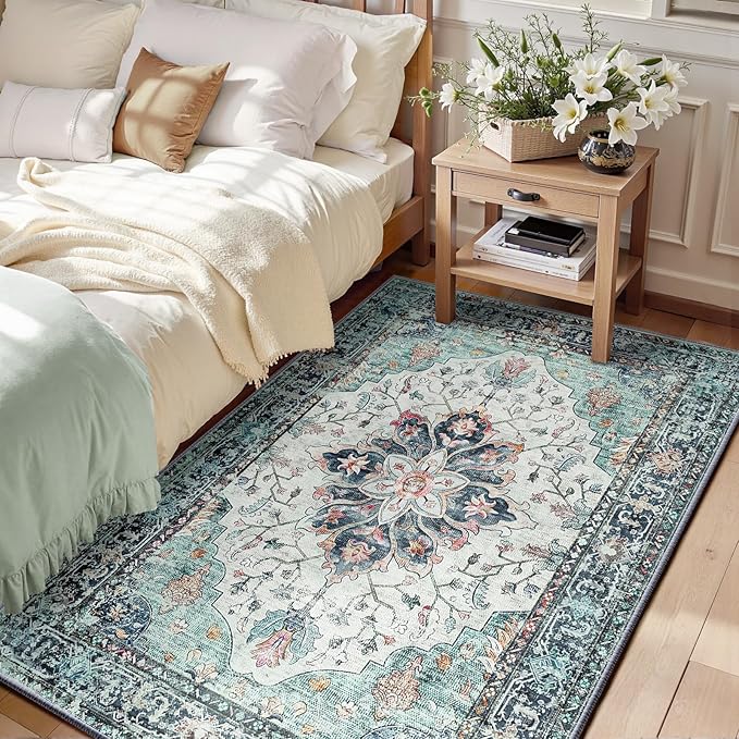 RELEANY Area Rugs 3'x5' Washable Non-Slip, Floral Vintage Distress Print Pattern Medallion Carpet for Living Room Bedroom Dining Room, Green Navy Blue White Red Teal Colorful