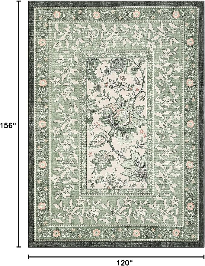 GarveeHome Provence Sage Green Area Rugs 10x13 Living Room, Botanical Grove Sage Green Cottagecore Washable Non-Slip Rug for Bedroom Dining Nursery Low-Pile Vintage Large Soft Carpet