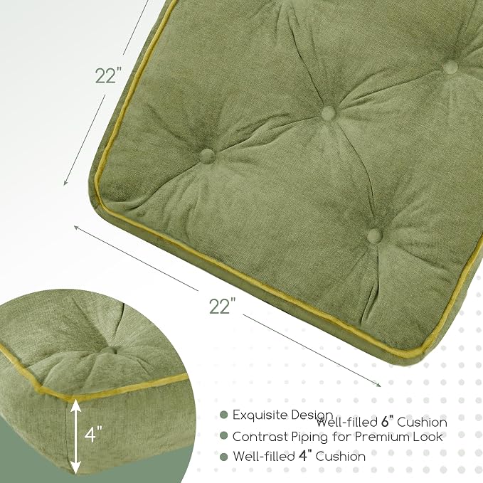 HIGOGOGO Large Floor Pillow Cushion for Adults, Meditation Cushion Pillow with Handle, Lustrous Chenille Tufted, Square Floor Sitting for Tatami Living Room or Yoga, 22x22 Inch, 2Pack, Green