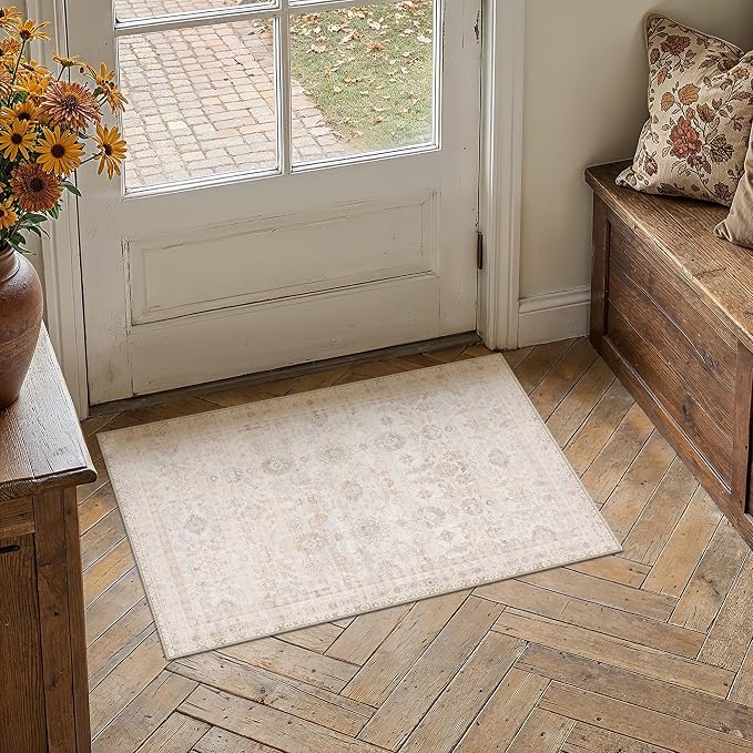 2x3 Washable Neutral Area Rug for Entryway Beige Non Slip Soft Thin Throw Rug Floral Durable Low Pile Carpet Modern Stain Resistant Door Mat for Living Room Laundry Kitchen Office Playroom