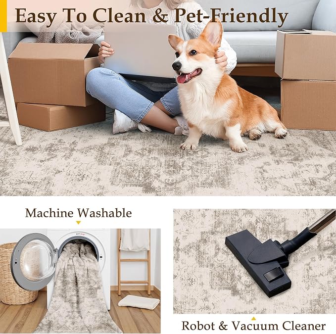 PureCozy Area Rug 4x6 Beige Washable Office Entryway Vintage Medallion Carpet Non Slip Retro Indoor Mat Low Pile Soft Distressed Small Rug for Bedroom Kitchen Laundry Dining Room