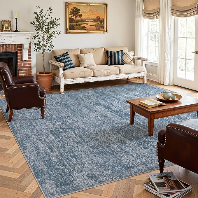 DMOYEST Area Rug Living Room Rugs - 10x12 Washable Large Soft Indoor Neutral Modern Abstract Low Pile Rug Carpet for Bedroom Dining Room Farmhouse Home Office - Dark Blue