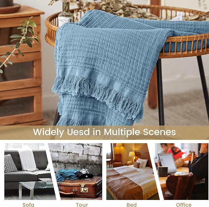 FALUCA Cotton Muslin Throw Blanket 50x60 Inches for Bed, Couch, Knit Woven Gauze Blanket, Soft Lightweight Cozy Breathable Farmhouse Decoration for All-Season, Dusty Blue