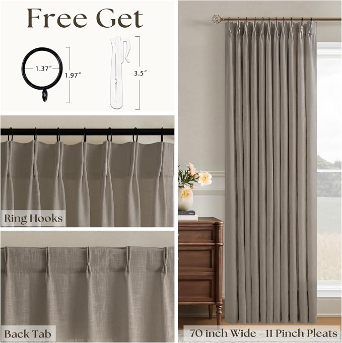 Pinch Pleated Linen 108 Inch Curtains 70 Inch Width for Living Room Divider Light Filtering Thick Taupe Linen Extra Wide Patio Curtains for Sliding Door Balcony Floor to Ceiling Window 1 Panel