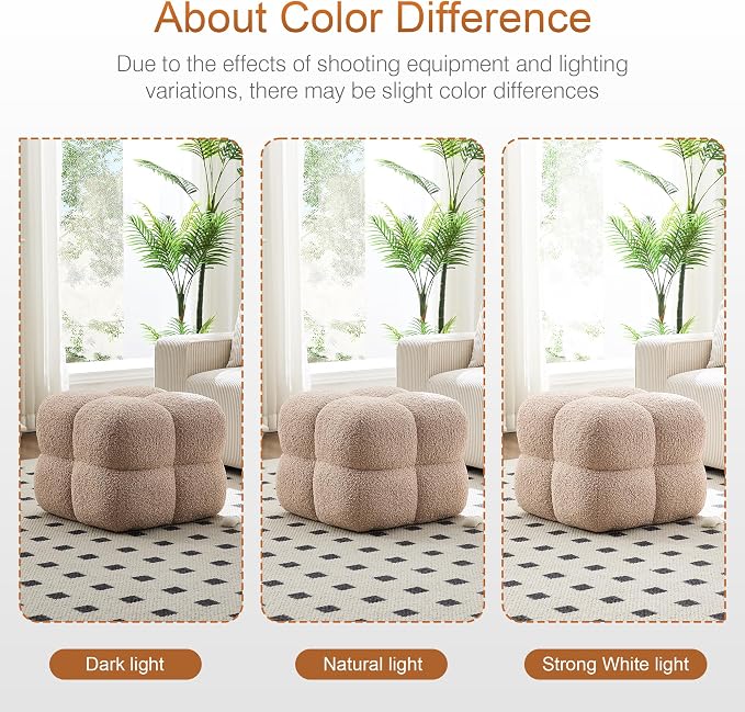 Zesthouse Square Pouf Ottoman Footstool, Modern Backless Vanity Stool for Bedroom, Tan Fuzzy Foot Rest for Couch, Upholstered Tufted Footstool, Sherpa Fabric Ottoman Coffee Table for Living Room