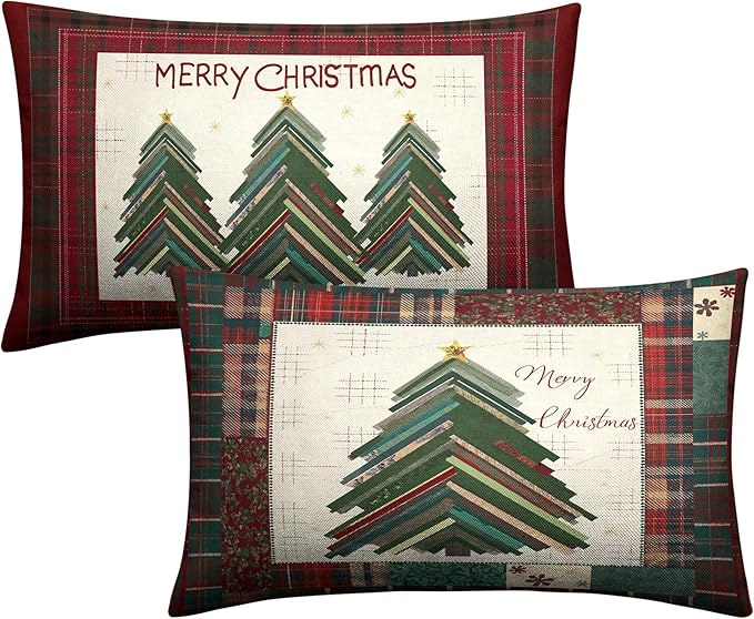 Merry Christmas Lumbar Pillow Covers 12x20 Set of 2 Red Classic Checkered Green Xmas Tree Throw Pillow Covers Holiday Pillowcase Rectangular Cushion Case for Couch Sofa