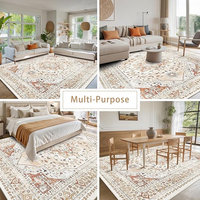 Srugn Washable Rugs 8x10 Area Rugs for Living Room,Rugs for Bedroom,Large Carpets,Ultra Soft Faux Wool Retro Dining Room Rug,Non Slip&Non-Shedding Low Pile Vintage Print Rug for Home Office,Orange