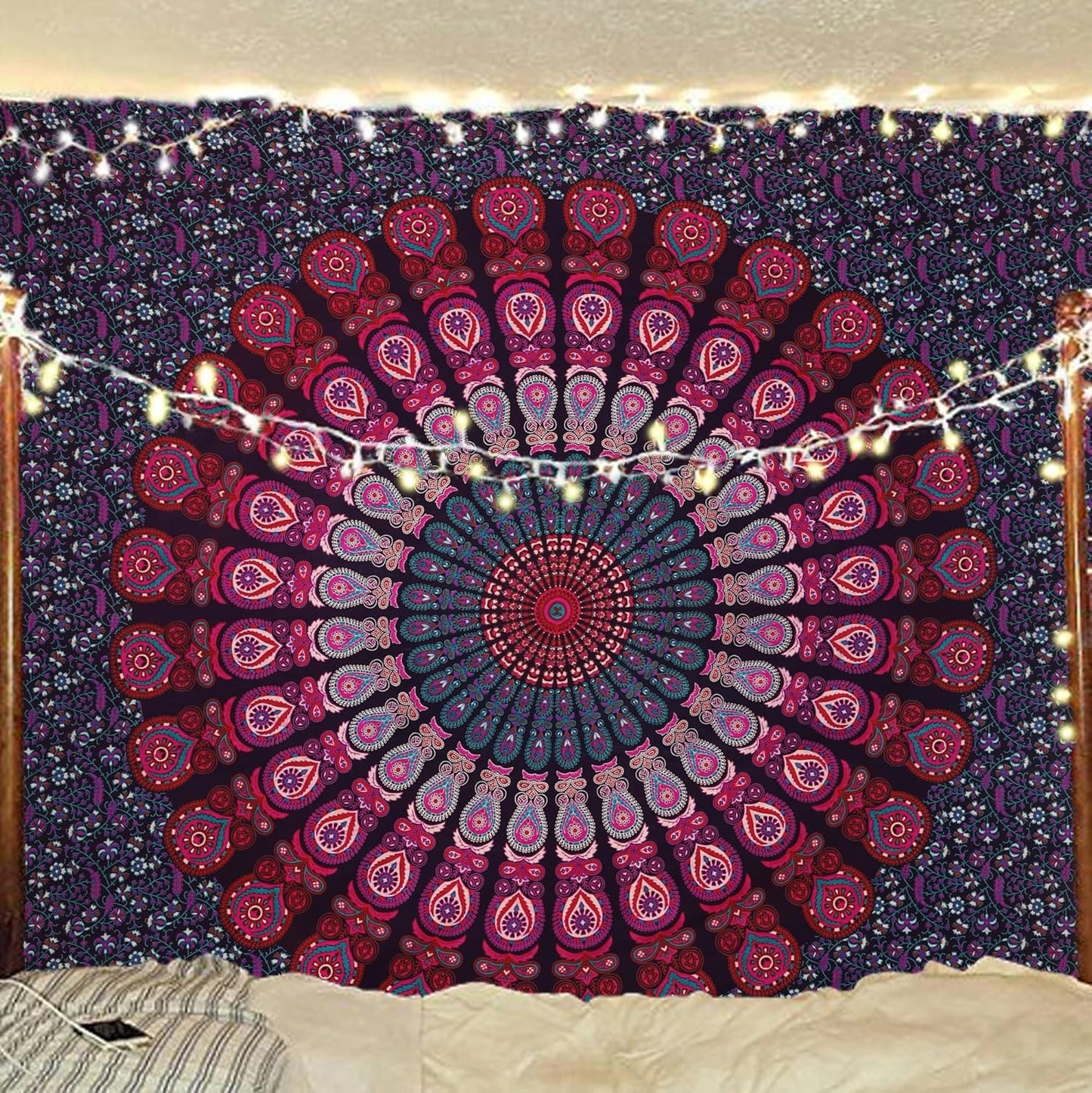 Bless International Handmade Indian hippie Bohemian Psychedelic Peacock Mandala Wall hanging College Dorm Beach Throws Table Cloth Bedding Tapestry (Purple Pink, King(88x104Inches)(225x265Cms))