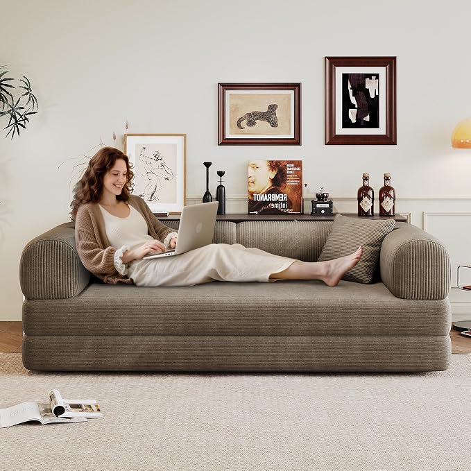 JINGLING 79" Queen Sleeper Sofa Bed with Memory Foam, Compressed Couch in a Box, Foldable Convertible Small Couches for Small Spaces Bedroom Game Room, Corduroy Fabric, Camel