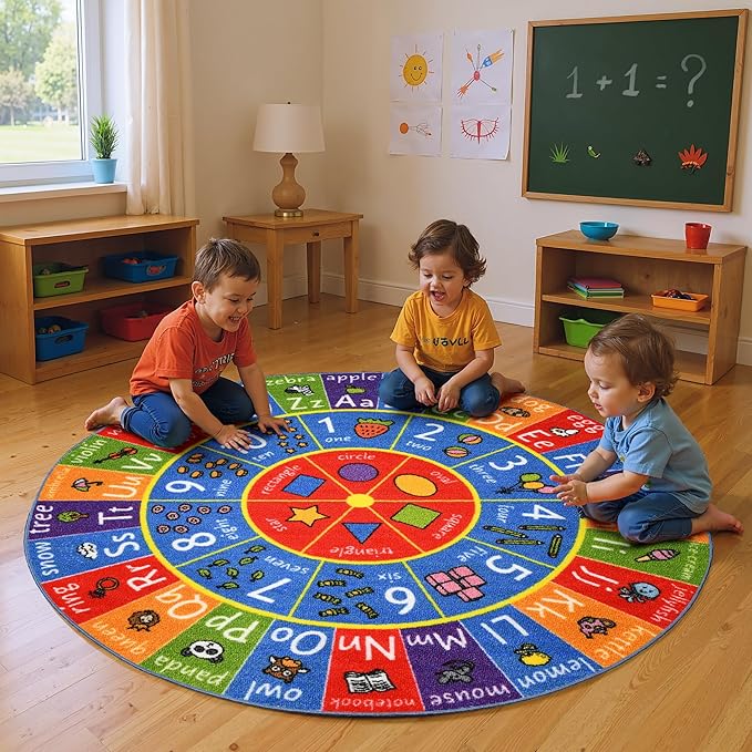 KC Cubs Educational Kids Rug – ABC Alphabet, 123 Numbers & Shapes Learning Mat – Soft Interactive Carpet for Classroom, Playroom & Bedroom 6' 6" Round