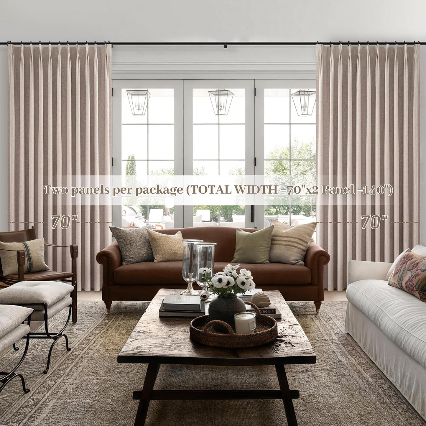 Extra Wide Linen Curtains for Living Room/Bedroom 2 Panels Set, Rustic Country Pinch Pleated Blackout Burlap Curtain Thermal Soundproof with Ceiling Track (70"Wx90"L) for 60 Inches Wide Windows