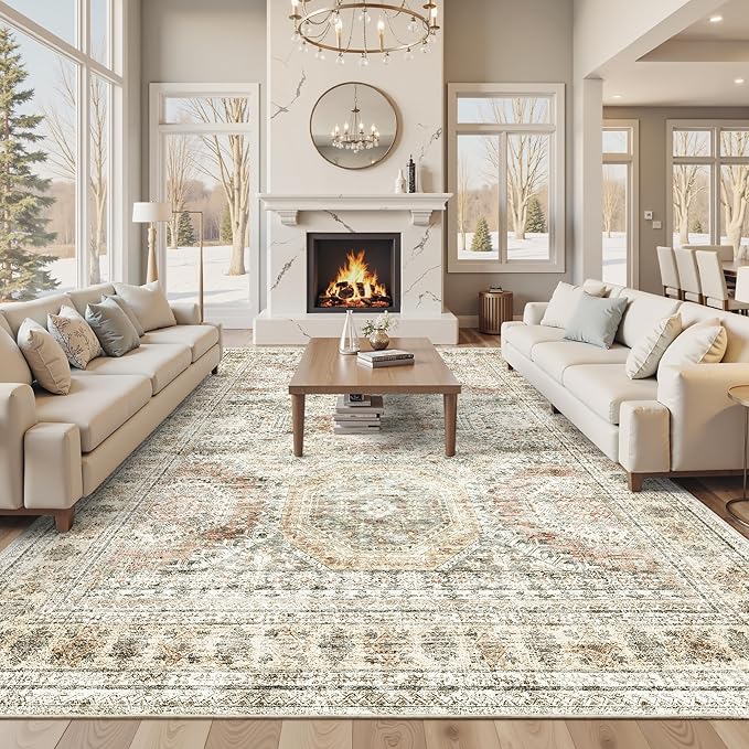 Soalmost 10x14 Area Rugs for Living Room, Non Slip Machine Washable Vintage Rugs, Low Pile Lightweight Large Rug for Bedroom, Dining Room, Home Office Brown Pink