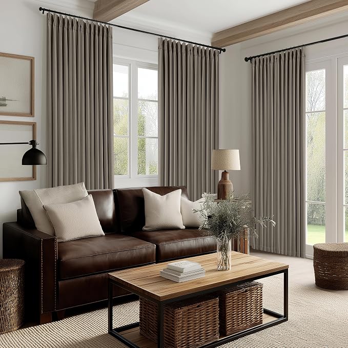 Dark Taupe Linen Blackout Pleated 108 Inch Curtains for Living Room Darkening Pinch Pleat 100% Black Out Drapes Thermal Insulated Soundproof Brownish Gray 108 Inch Curtain for Dining Bedroom 40x108