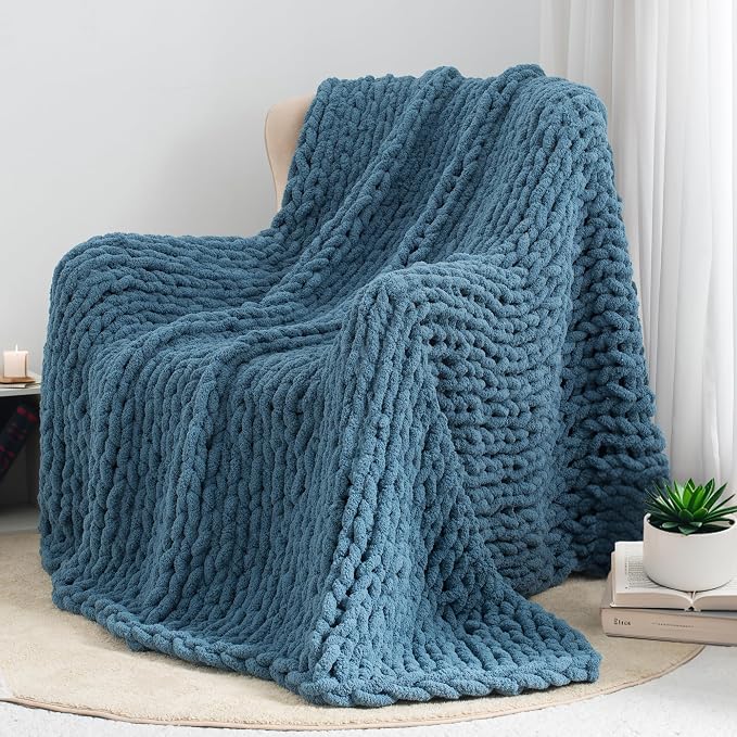 Chunky Knit Throw Blanket 50x60, 100% Handmade Chenille Yarn | 4.4lbs Soft Thick Cable Knitted Blankets, Large Rope Knot Crochet Throws for Couch Sofa Bed Machine Washable, Lyons Blue