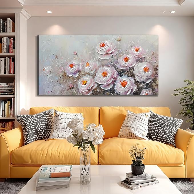 Acocifi Peony Canvas Wall Art Pink Florals Textured Picture 48"x24" | Vintage Impression Artwork, Waterproof Canvas, Easy to Hang, Durable Colorfast, Suitable for Bedroom Living Room Home Decor