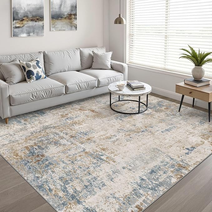 10x14 Area Rugs Living Room: Washable Large Neutral Rug Abstract Soft Modern Stain Resistant Indoor Floor Non-Slip Carpet for Bedroom Nursery Kids Office Playroom Dining Room Under Table- Blue Brown