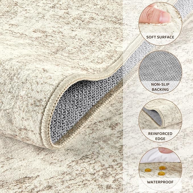 UERMEI 9x12 Area Rug Living Room Rugs - Washable Neutral Modern Abstract Soft Thin Rug Indoor Floor No Slip Rug Carpet for Bedroom Under Dining Table Home Office Decor - Beige/Brown