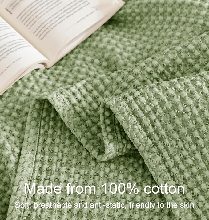Talasily 100% Cotton Blanket King Size for Bed - Spring and Summer Cooling Lightweight & Breathable Bedding -Soft Waffle Weave Christmas Blanket, Machine Washable,Sage Green,108x90 Inches