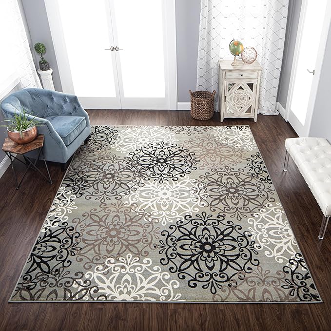 Superior Indoor Area Rug, Jute Backed, Perfect for Entryway, Office, Living/Dining Room, Bedroom, Kitchen, Hardwood Floor, Floral Scroll Decor, Leigh Collection, 5' x 8', Blue