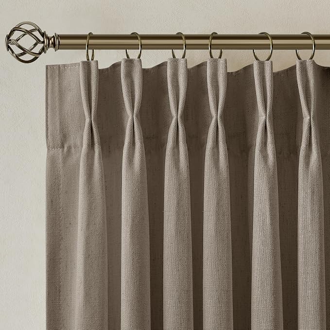 Dark Flax Pinch Pleated Linen Curtains 94 Inches Long 2 Panels for Living Room Bedroom Rustic Linen Farmhouse Semi Sheer Pinch Pleat Taupe Grey Beige Curtain Drapes with Hooks Rings 94 Inch Length