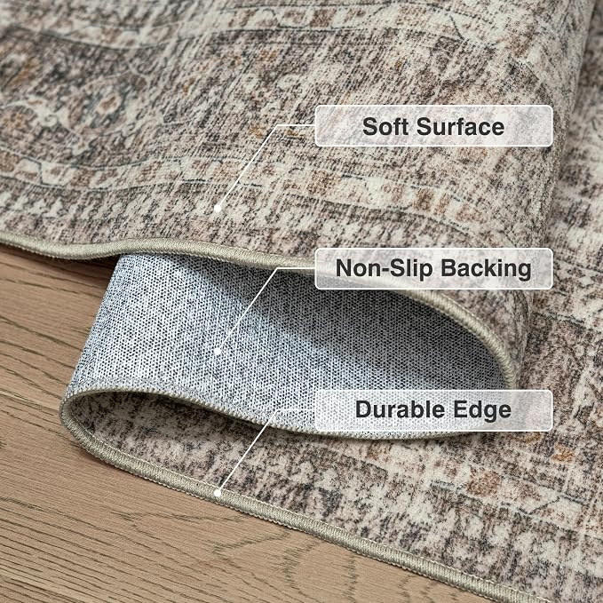 FMFUNCTEX 3x12 Runner Rug Taupe Washable Vintage Neutral Distressed Non Slip Low Pile Indoor Carpet Soft Retro Floral Hallway Entryway Rug for Kitchen Living Room Bedroom Bathroom Laundry Bedside