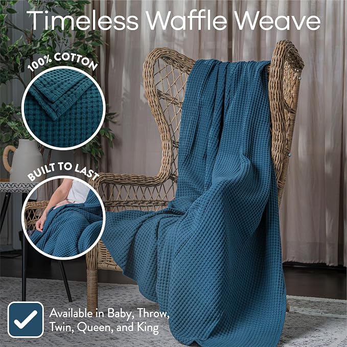 Comfy Cubs Waffle Blanket King, 108" x 90" - 100% Cotton Lightweight Breathable Bed Blanket - Soft Textured Thermal Weave for All Seasons – Decorative Cozy Layer for Couch, Sofa, or Bed - Neptune