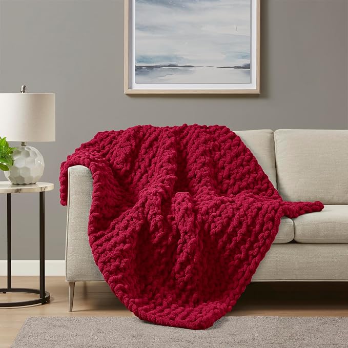 Madison Park Chenille Chunky Knit Handmade Throw Blanket, Luxuriously Soft Gift Blankets, Cottage Style Room Décor, Lightweight & Breathable All Seasons Throw Blanket for Couch, 50" W x 60" L Red