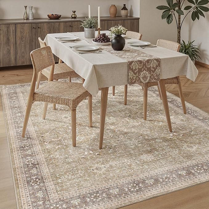 DCX Beige and Taupe 5x7 Rug, Kid & Pet Friendly with Rubber Back Non Slip, Machine Washable Stain Resistant Vintage Traditional Distressed Carpet, Rug for Living Room, Bedroom, Neutral Home Decor