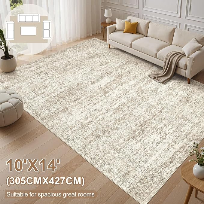 DMOYEST Area Rug Living Room Rugs - 10x14 Abstract Large Soft Indoor Washable Rug Neutral Modern Low Pile Carpet for Bedroom Dining Room Farmhouse Home Office - Vintage Beige